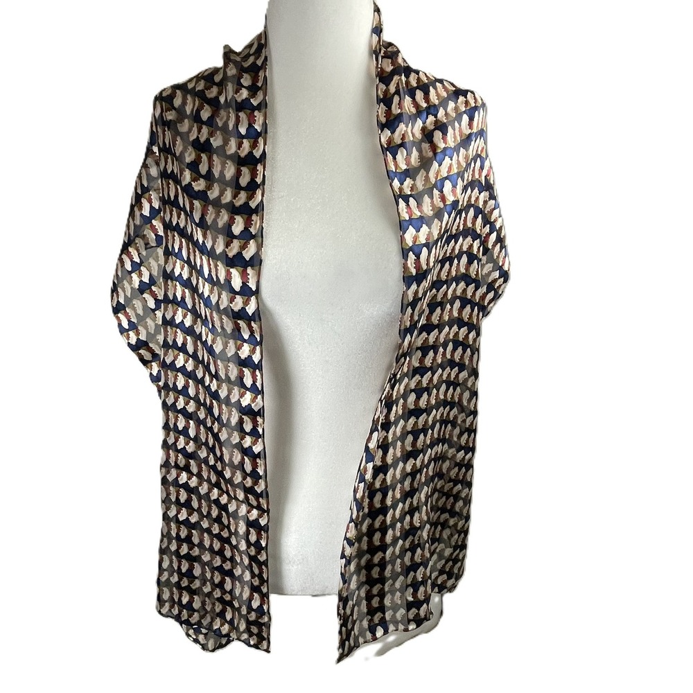 Vintage Style 100% Silk Abstract Geometric Print Scarf Navy Blue Cream 64x13 - Picture 6 of 12